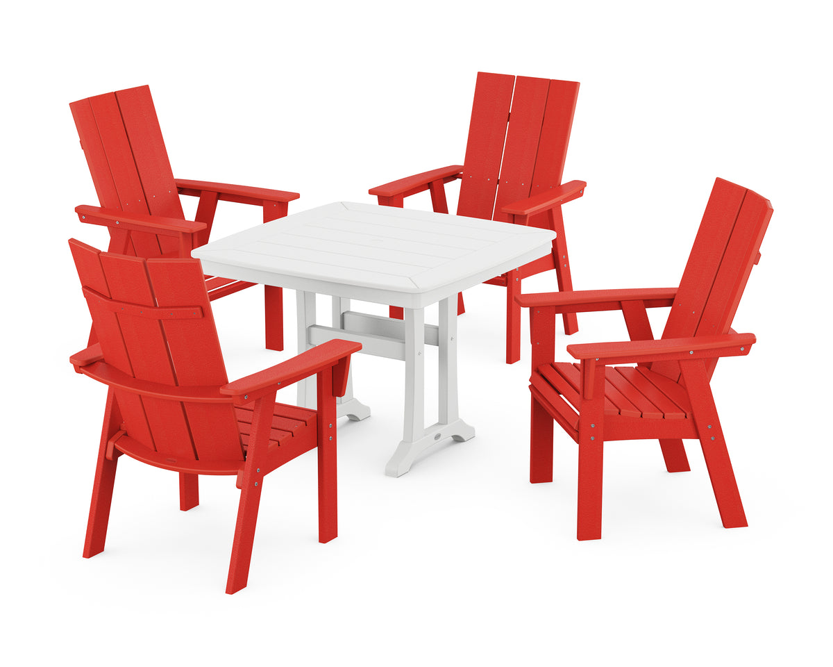 POLYWOOD Modern Adirondack 5-Piece Dining Set with Trestle Legs with Modern Curveback Adirondack Dining Chair in Sunset Red / White