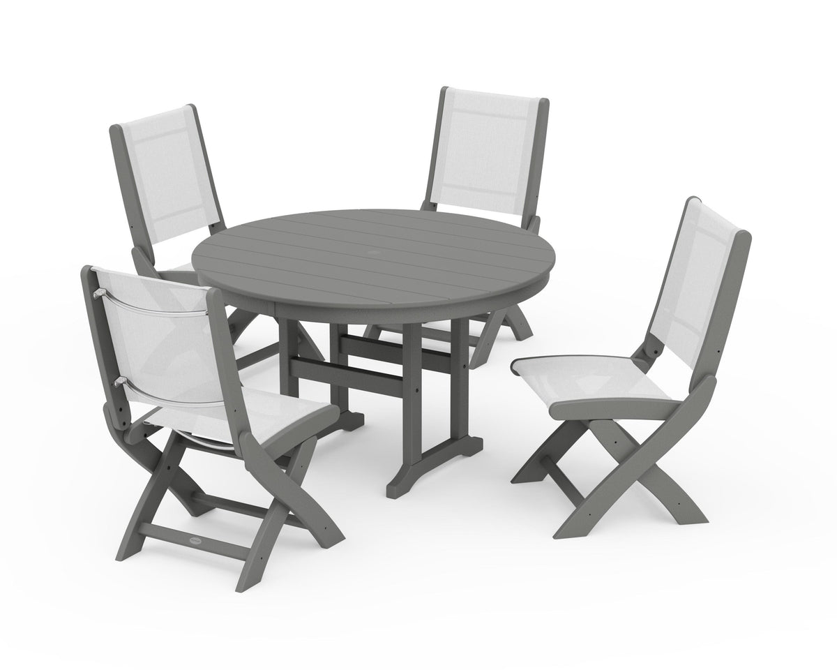 POLYWOOD Coastal Folding Side Chair 5-Piece Round Dining Set in Slate Grey / White