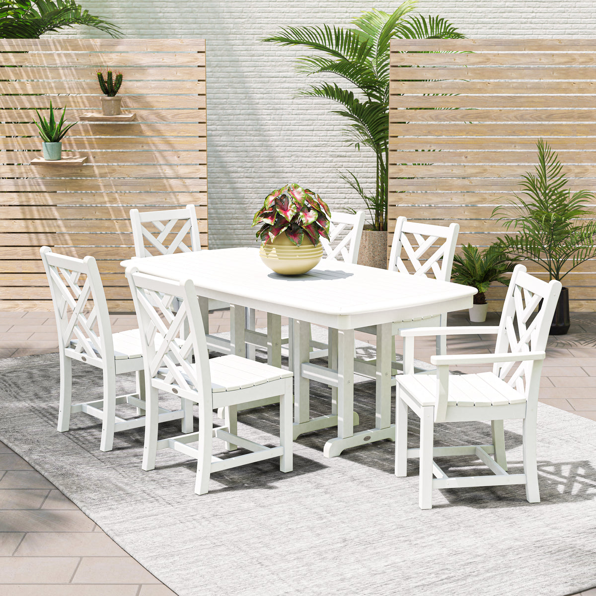 POLYWOOD Chippendale 7-Piece Dining Set in White in an outdoor setting