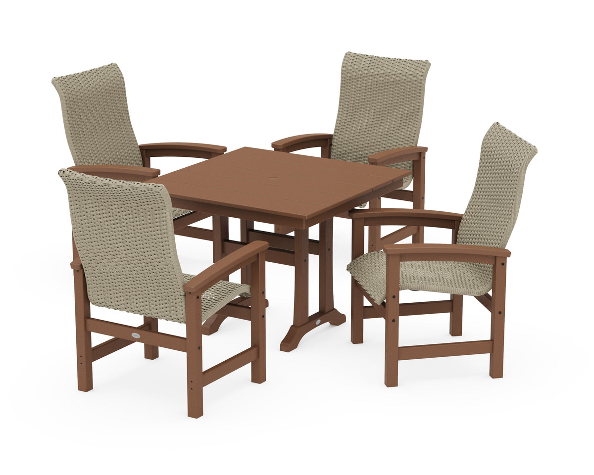 POLYWOOD Coastal Woven High-Back 5-Piece Farmhouse Dining Set with Trestle Legs in Teak / Dune Grass