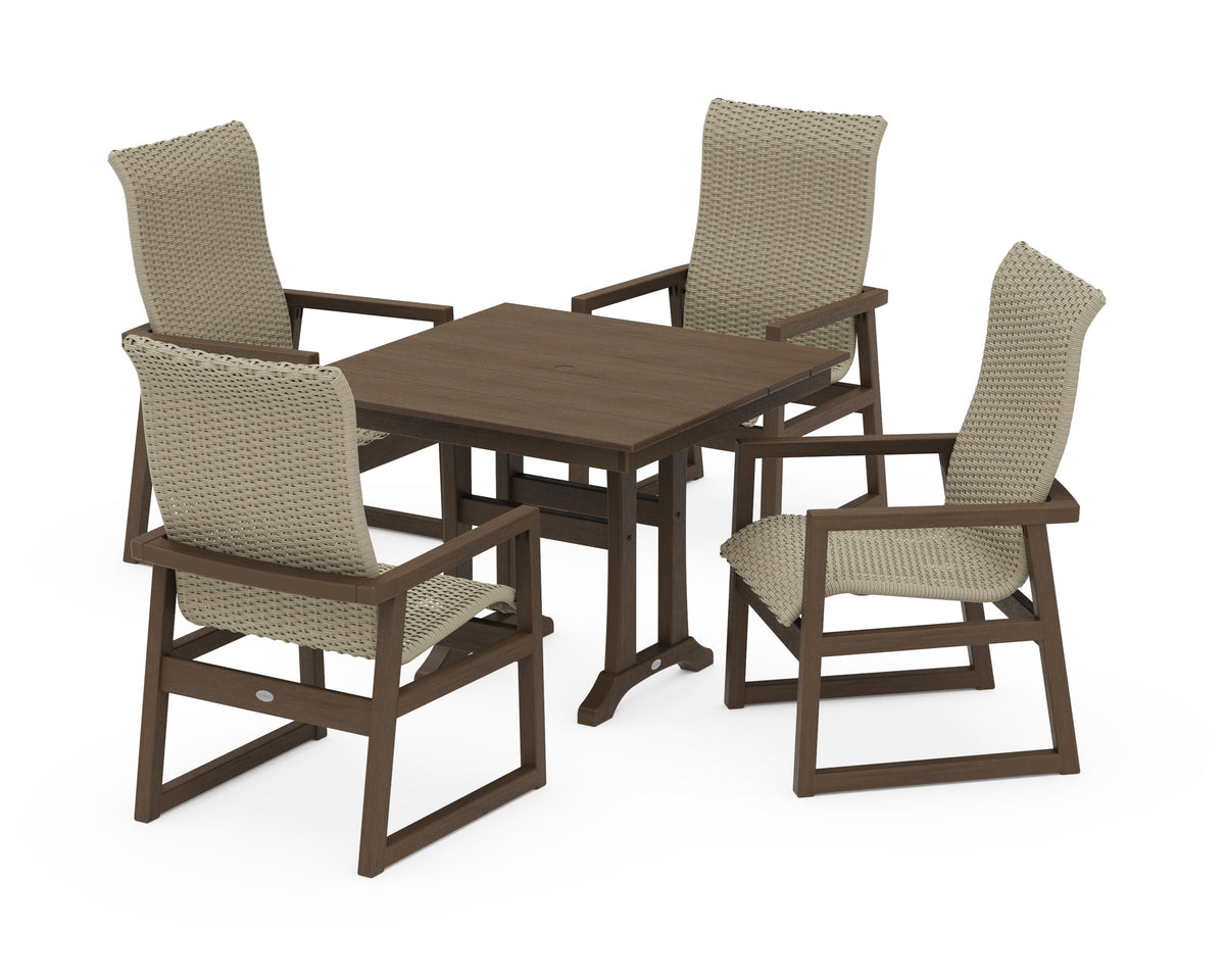 POLYWOOD EDGE Woven High-Back 5-Piece Farmhouse Dining Set with Trestle Legs in Kona / Dune Grass