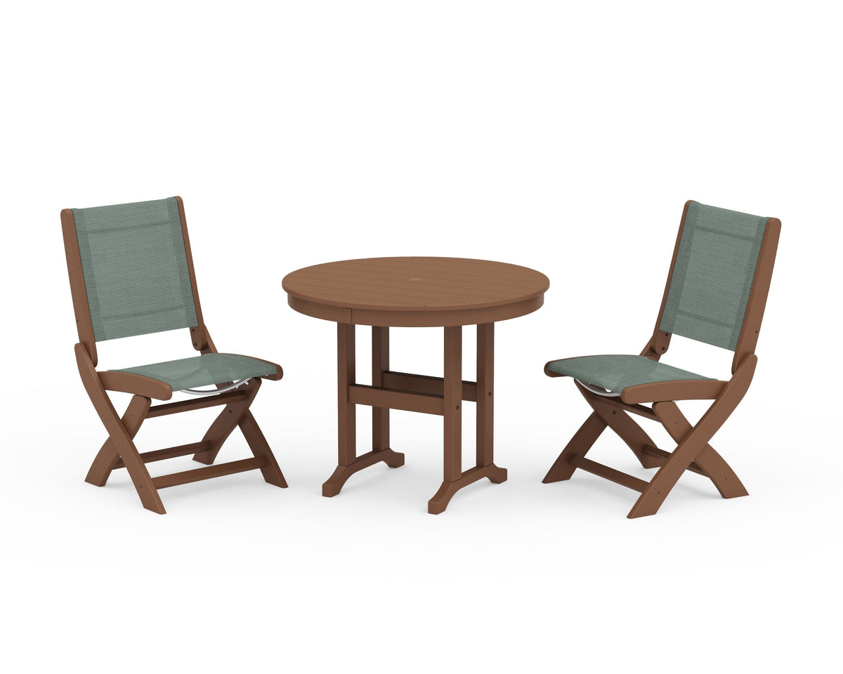 POLYWOOD Coastal Folding Side Chair 3-Piece Round Dining Set in Teak / Dupioni Sea Mist