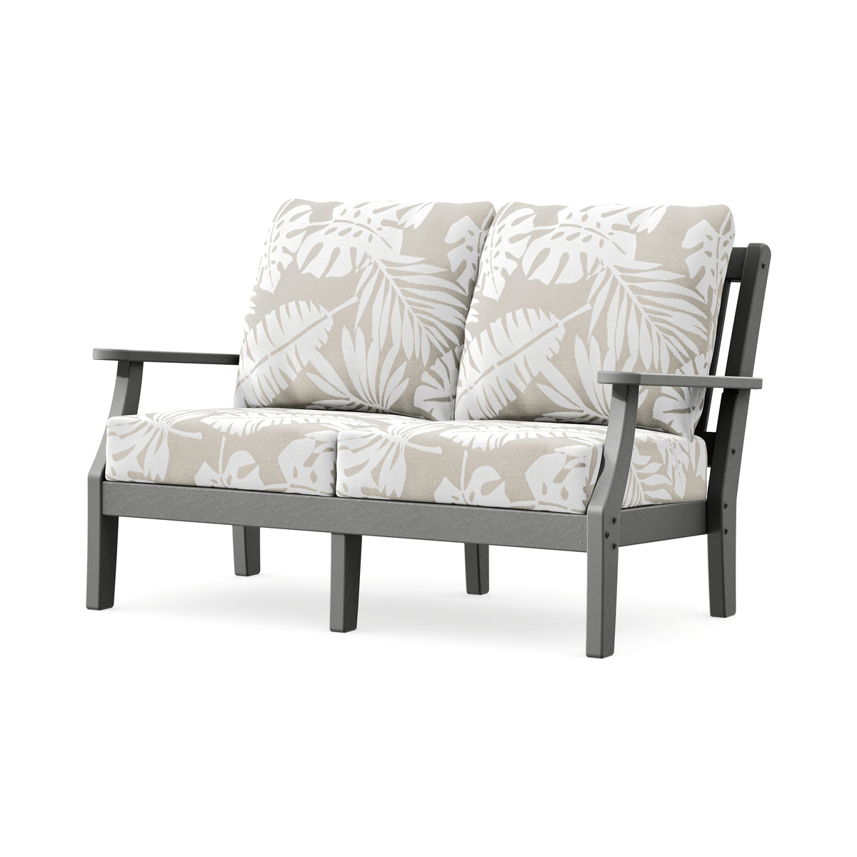 POLYWOOD Chinoiserie Deep Seating Loveseat in Slate Grey / Leaf Dune Burlap