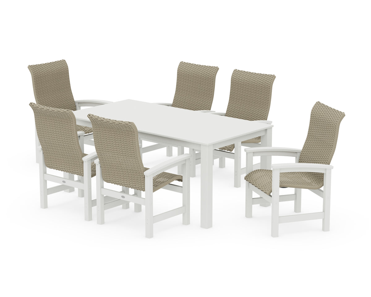 POLYWOOD Coastal Woven High-Back Arm Chair 7-Piece Parsons Dining Set in Vintage White / Dune Grass