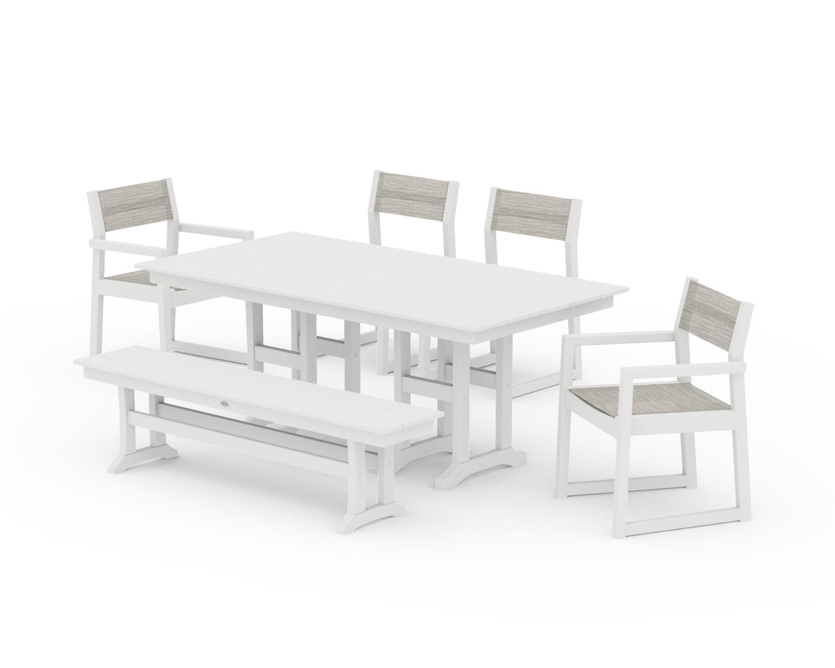 POLYWOOD EDGE Sling 6-Piece Farmhouse Dining Set in White / Birch