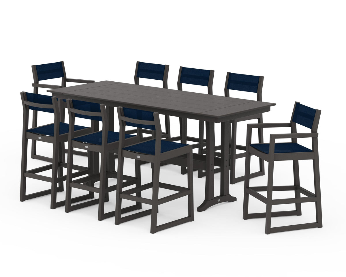 POLYWOOD EDGE Sling 9-Piece Farmhouse Bar Set with Trestle Legs in Vintage Coffee / Navy Blue