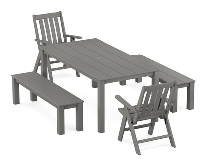 POLYWOOD Vineyard Folding Chair 5-Piece Parsons Dining Set with Benches in Slate Grey