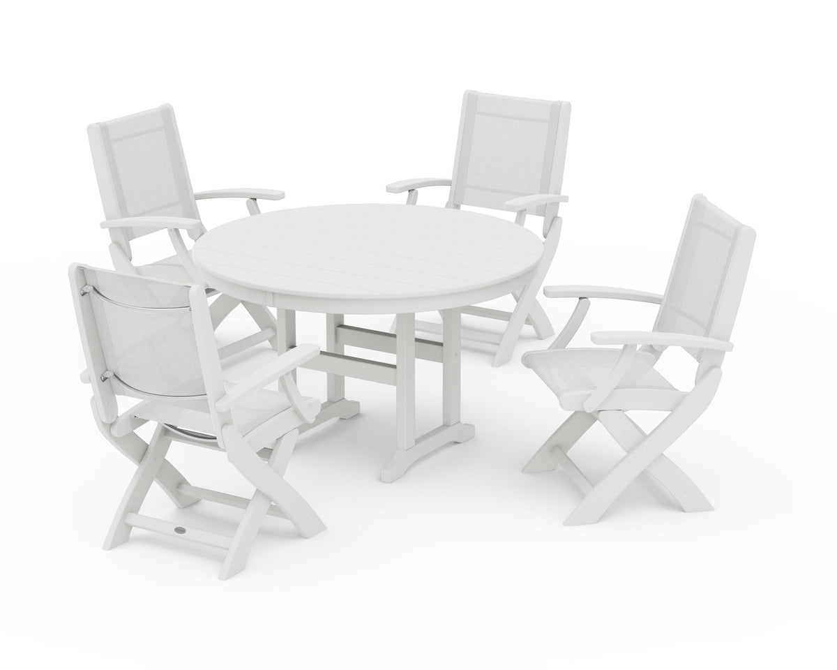 POLYWOOD Coastal Folding Chair 5-Piece Round Dining Set in Vintage White / White