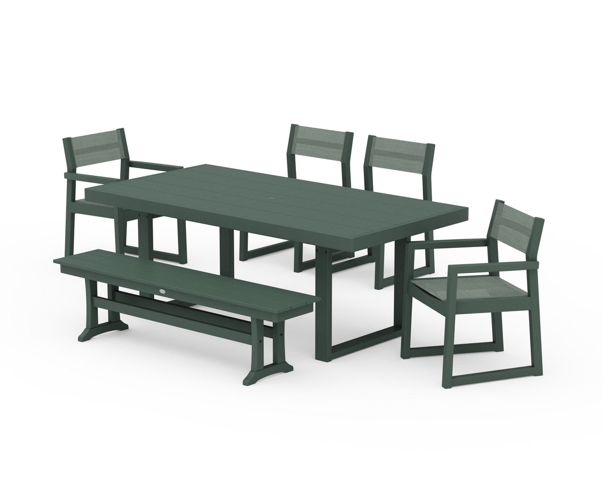 POLYWOOD EDGE Sling 6-Piece Dining Set with Bench in Green / Dupioni Sea Mist
