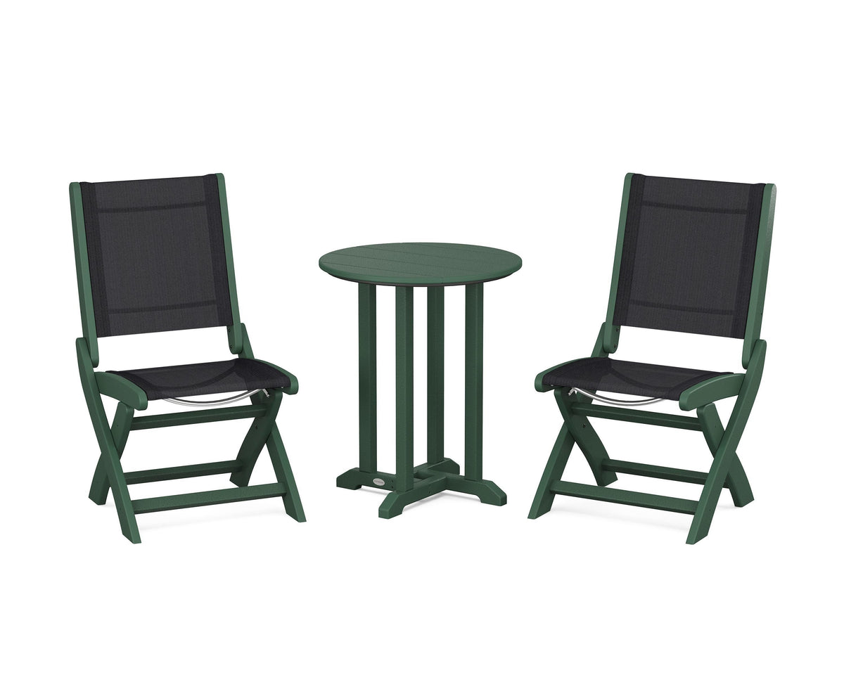POLYWOOD Coastal Folding Side Chair 3-Piece Round Bistro Dining Set in Green / Black
