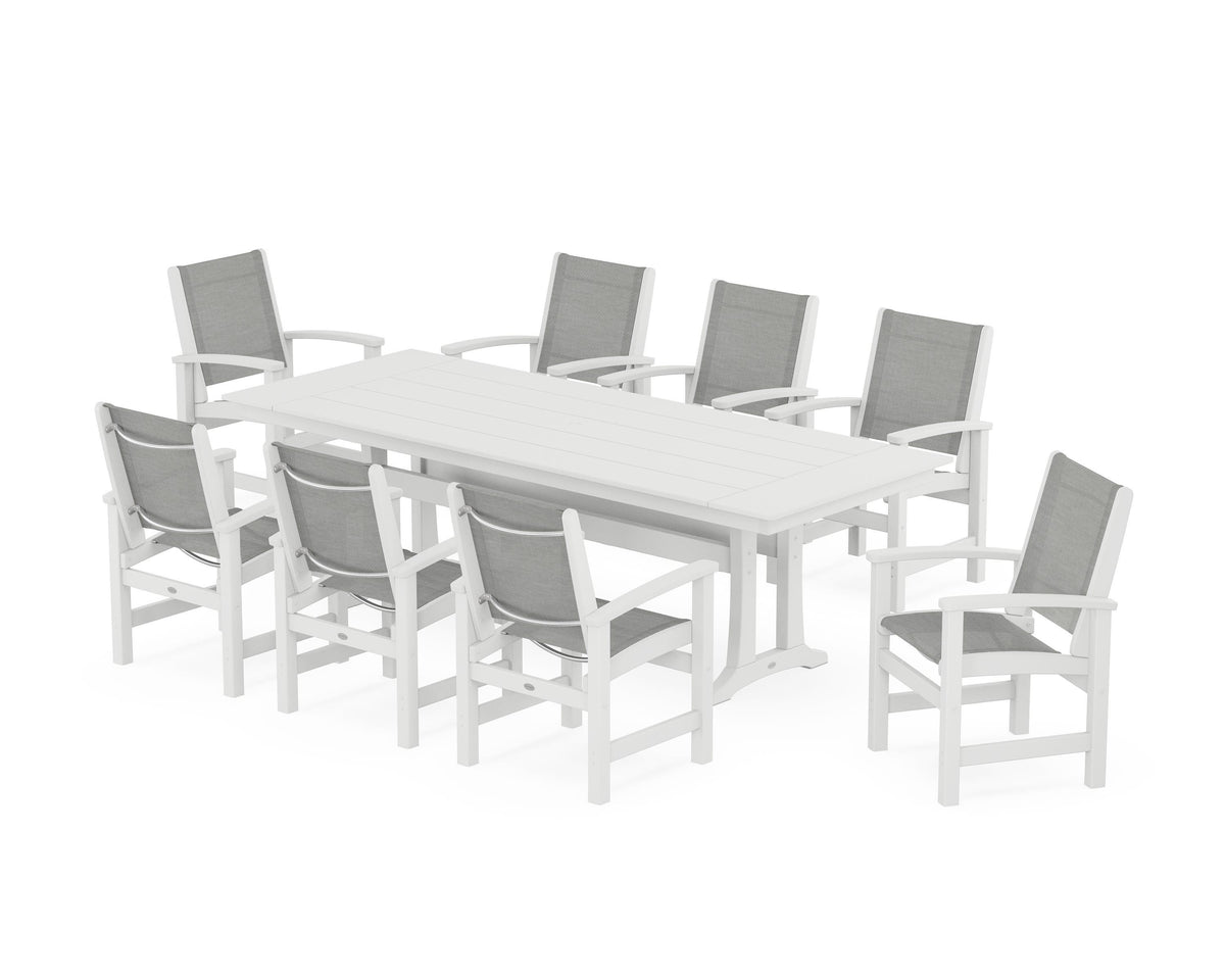 POLYWOOD Coastal 9-Piece Farmhouse Dining Set with Trestle Legs in White / Metallic