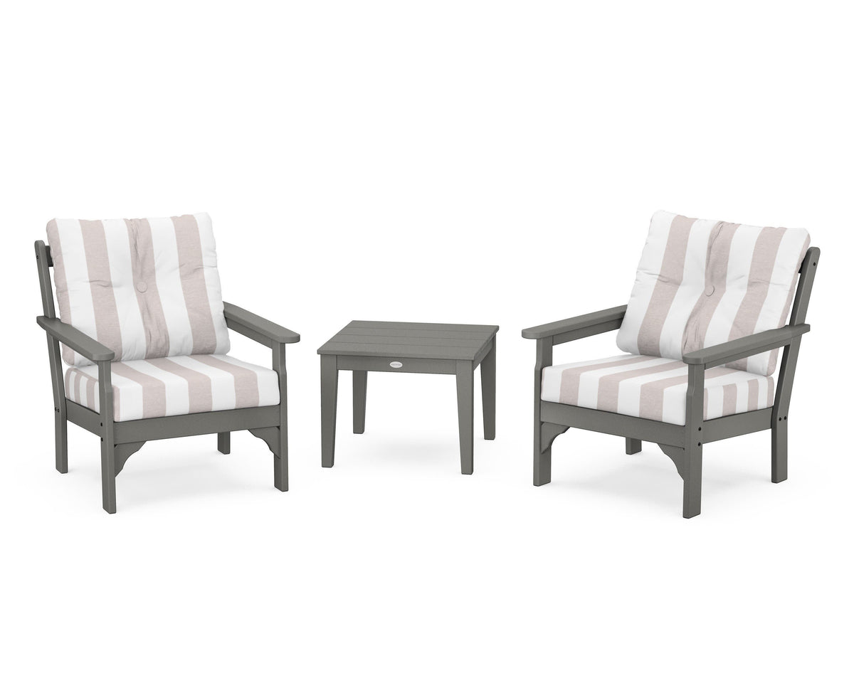 POLYWOOD Vineyard 3-Piece Deep Seating Set in Slate Grey / Cabana Stripe Dune Burlap
