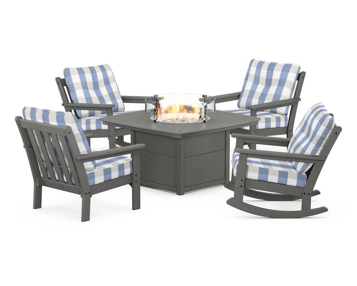 POLYWOOD Vineyard 5-Piece Deep Seating Rocking Chair Conversation Set with Fire Pit Table in Slate Grey / Buffalo Plaid Sky Blue