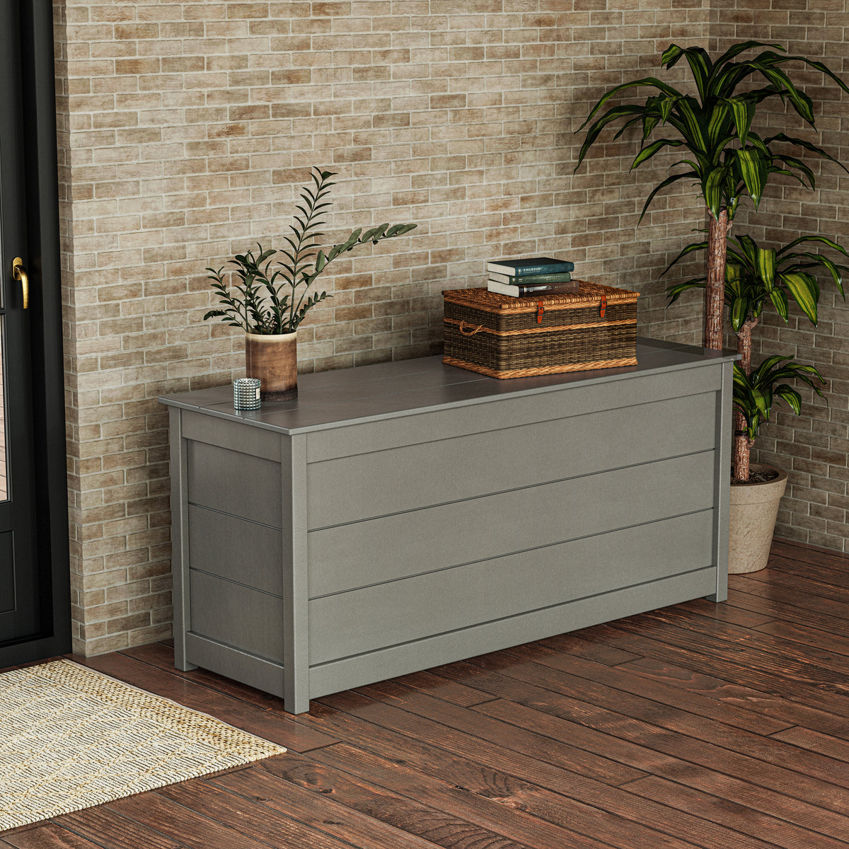 POLYWOOD 68" Storage Box Table in Slate Grey in an outdoor setting