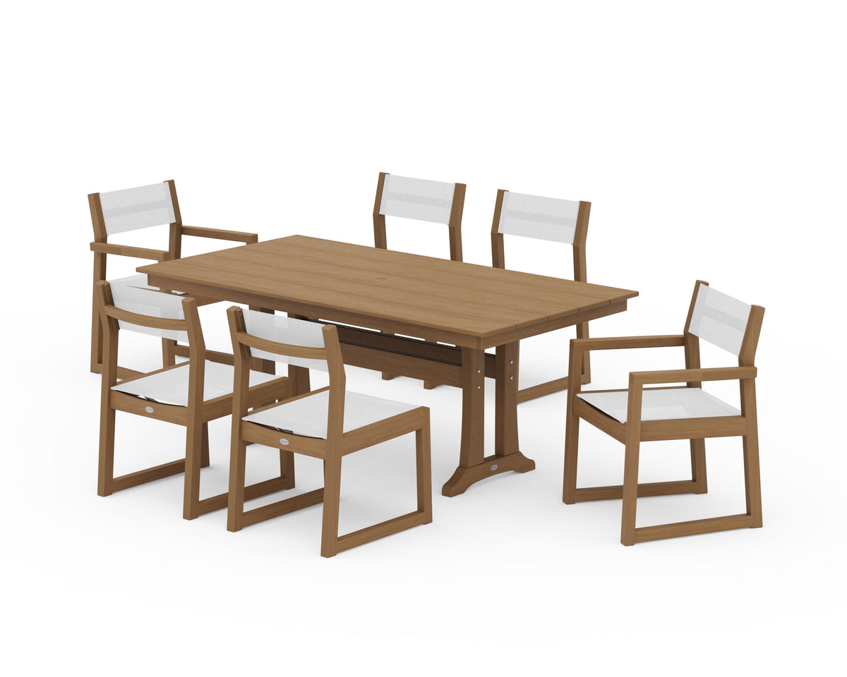POLYWOOD EDGE Sling 7-Piece Farmhouse Trestle Dining Set in Natural / White