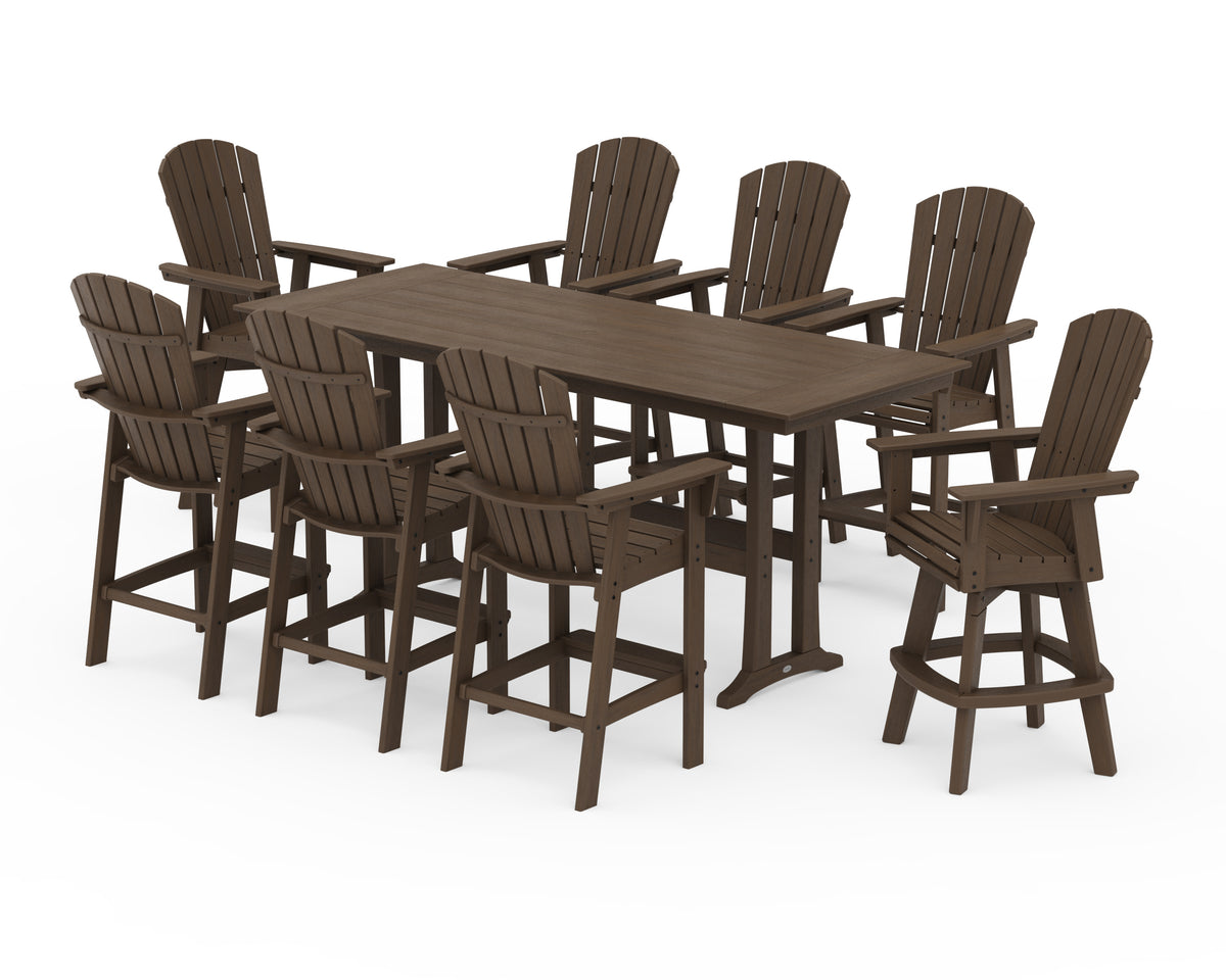 POLYWOOD Nautical Curveback Adirondack Swivel Chair 9-Piece Farmhouse Bar Set with Trestle Legs in Kona