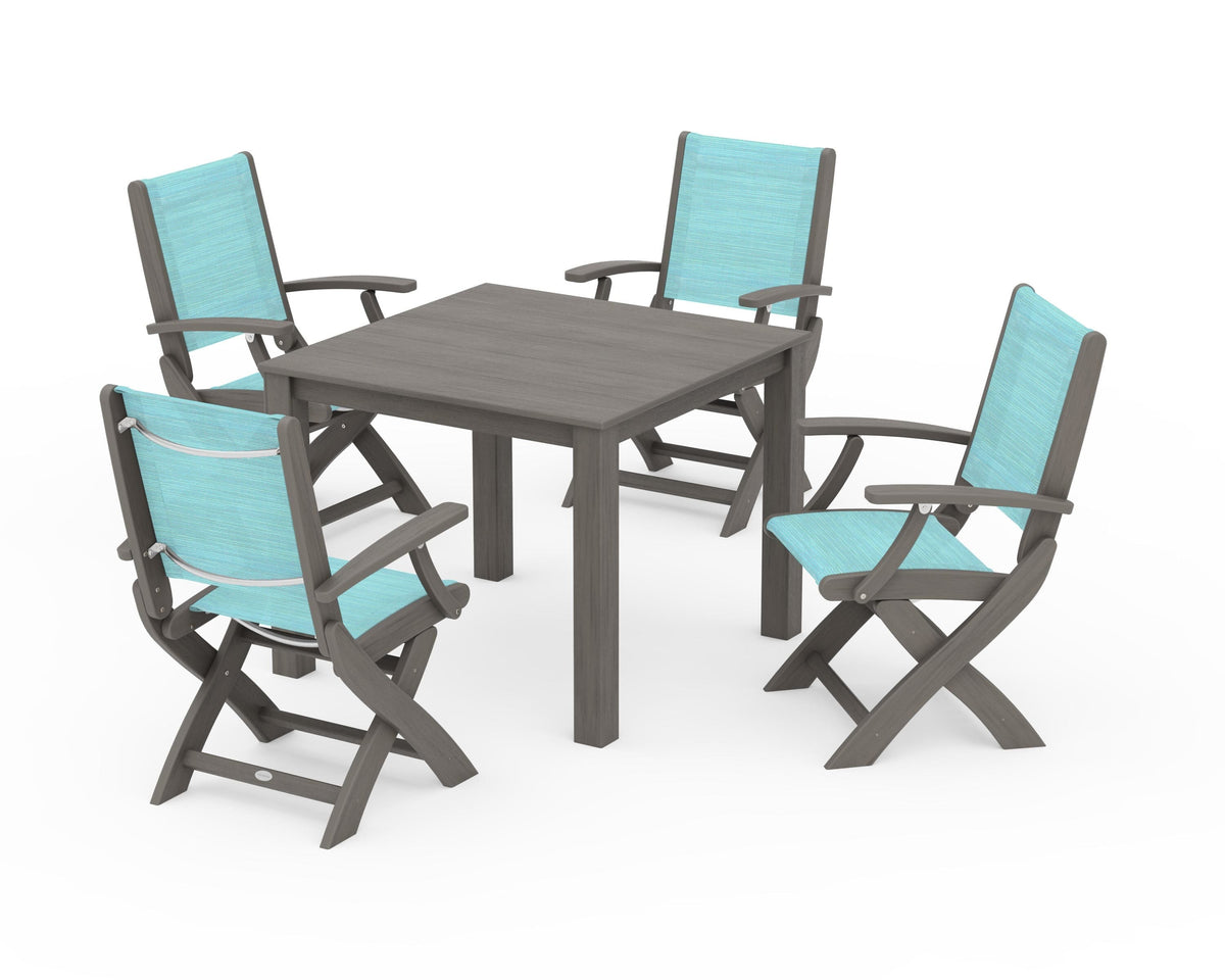 POLYWOOD Coastal Folding Chair 5-Piece Parsons Dining Set in Driftwood / Dupioni Aquamarine