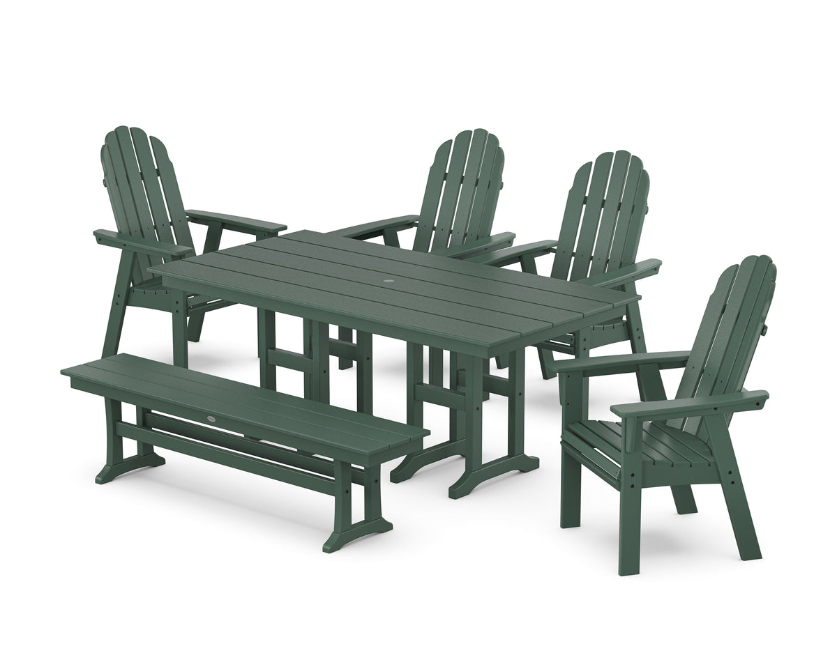 POLYWOOD Vineyard Curveback Adirondack Chair 6-Piece Farmhouse Dining Set with Bench in Green