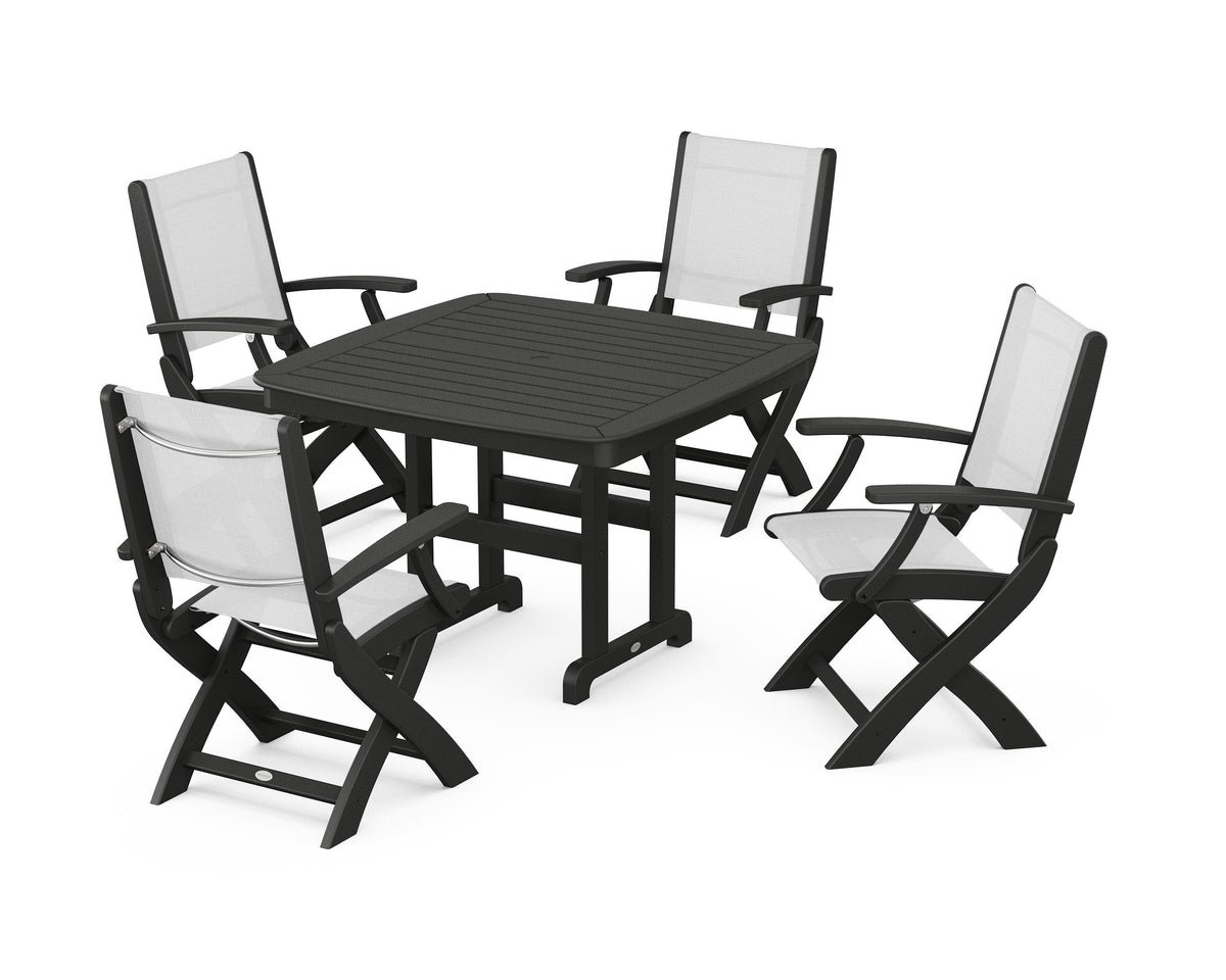 POLYWOOD Coastal Folding Chair 5-Piece Dining Set with Nautical 44" Dining Table in Black / White