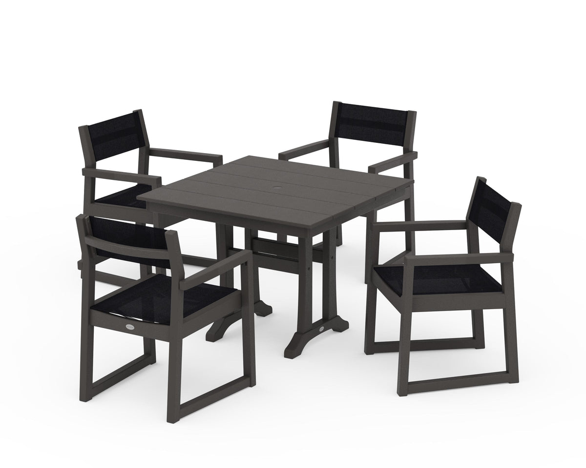 POLYWOOD EDGE Sling 5-Piece Farmhouse Dining Set with Trestle Legs in Vintage Coffee / Black
