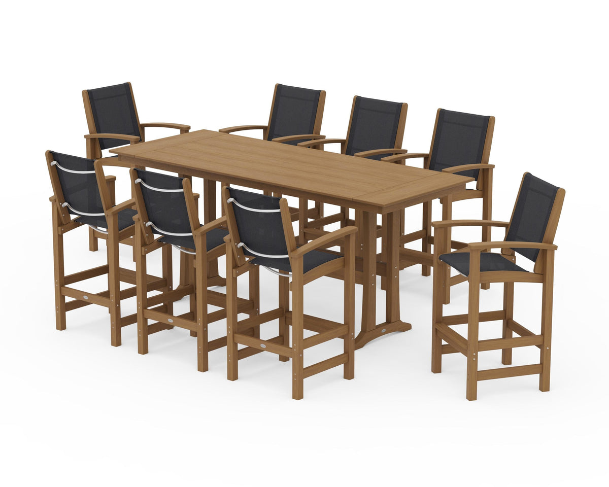 POLYWOOD Coastal 9-Piece Farmhouse Bar Set with Trestle Legs in Natural / Black
