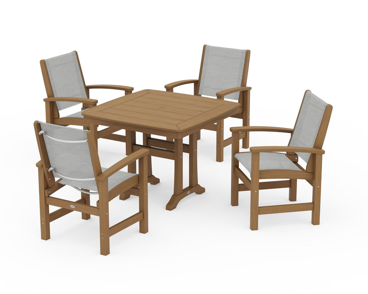 POLYWOOD Coastal 5-Piece Dining Set with Trestle Legs with Nautical Trestle 37" Dining Table in Natural / Metallic