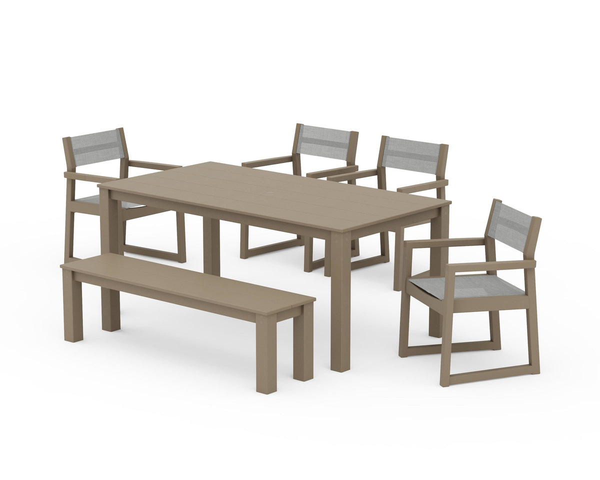 POLYWOOD EDGE Sling Arm Chair 6-Piece Parsons Dining Set with Bench in Vintage Sahara / Metallic