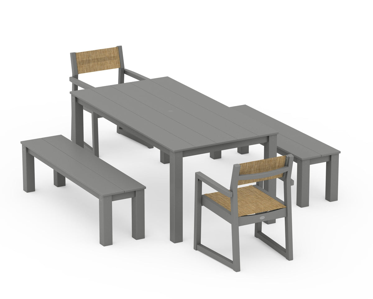 POLYWOOD EDGE Sling Arm Chair 5-Piece Parsons Dining Set with Benches in Slate Grey / Burlap