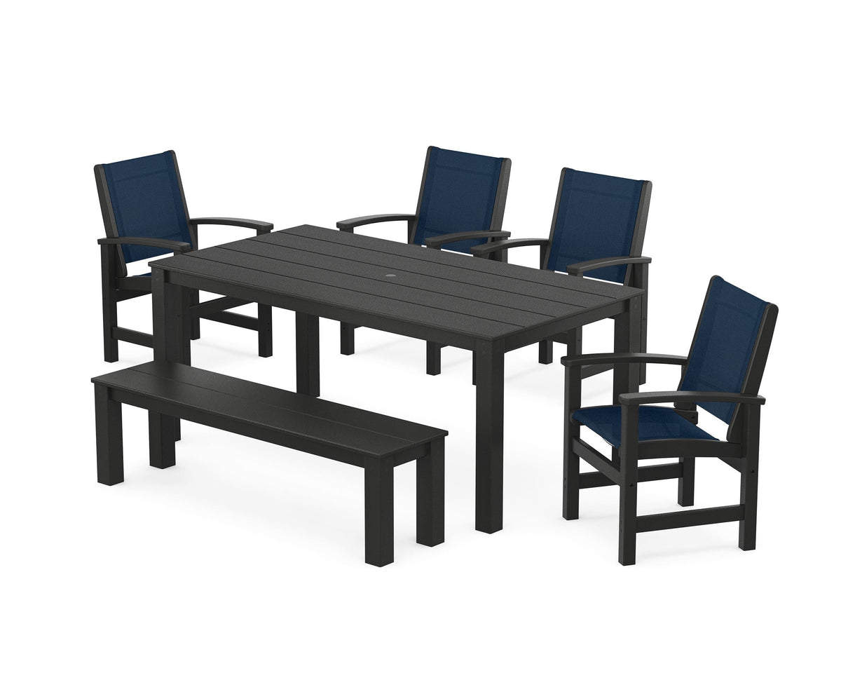 POLYWOOD Coastal 6-Piece Parsons Dining Set with Bench in Black / Navy Blue