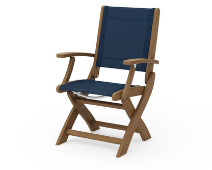 POLYWOOD Coastal Folding Chair in Natural with Natural arms and Navy Blue sling