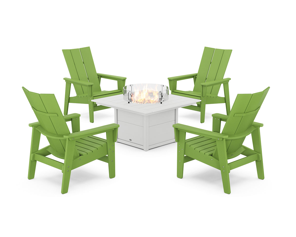 POLYWOOD 5-Piece Modern Grand Upright Adirondack Conversation Set with Fire Pit Table in Lime / White