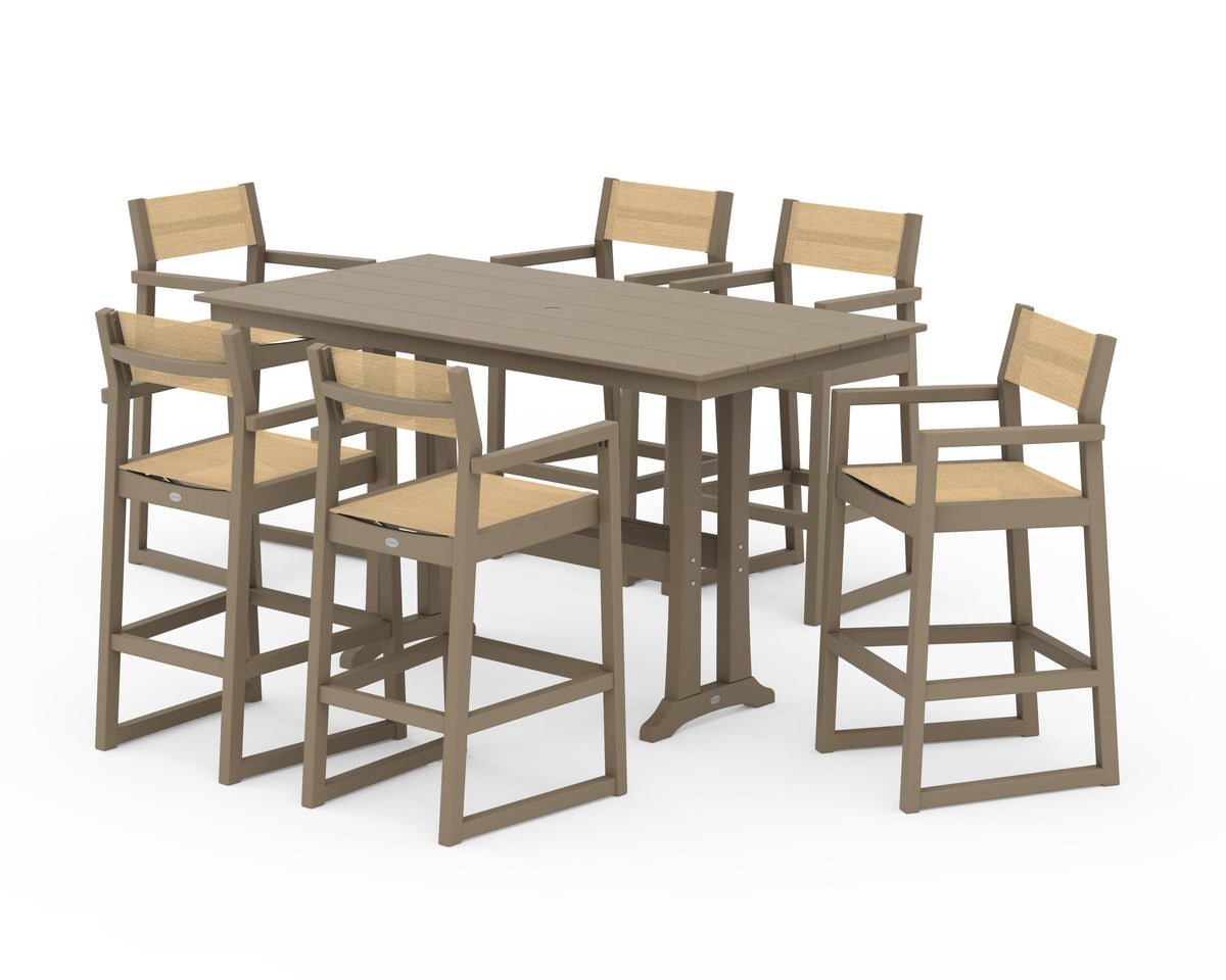 POLYWOOD EDGE Sling Arm Chair 7-Piece Farmhouse Bar Set with Trestle Legs in Vintage Sahara / Dupioni Apricot
