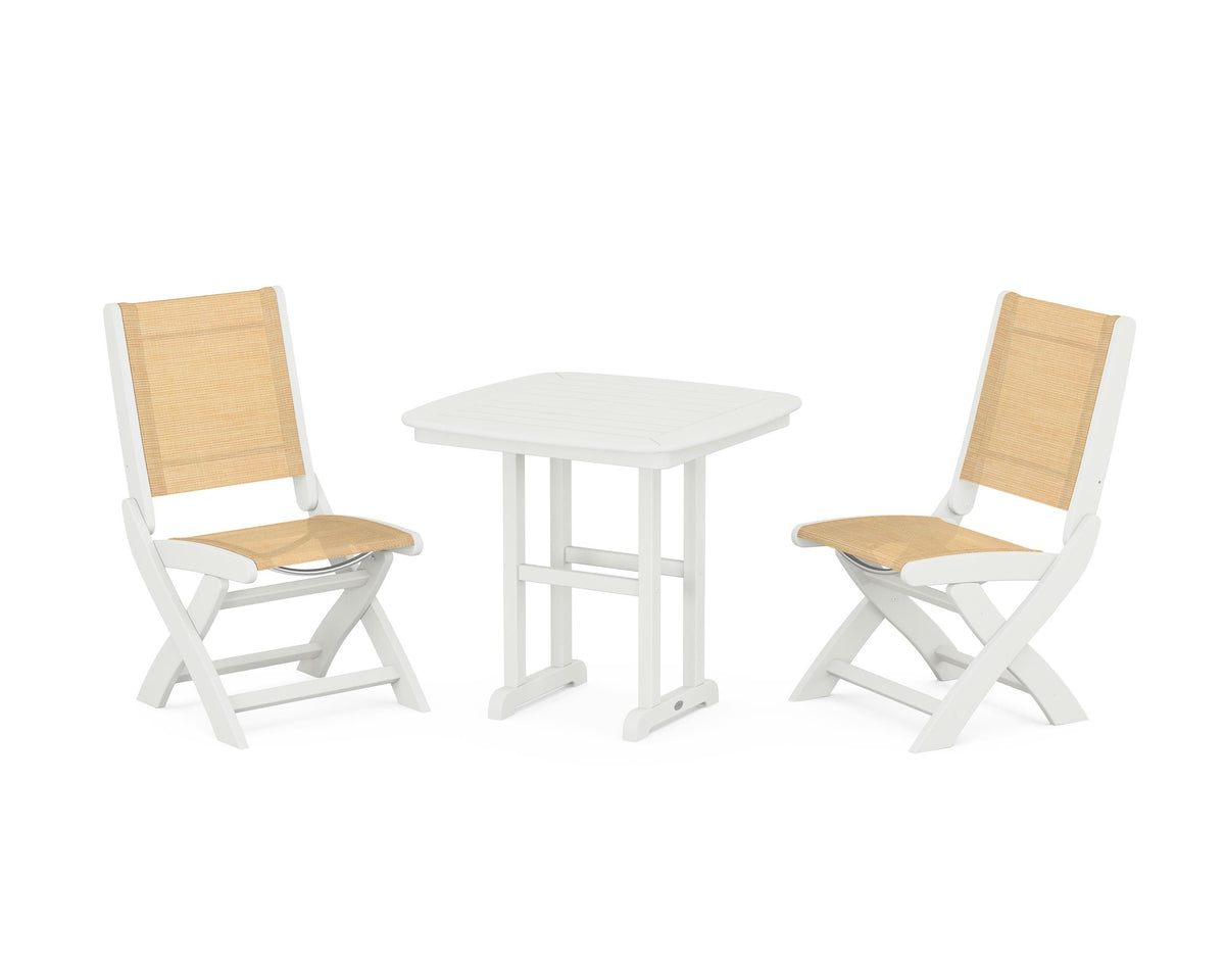 POLYWOOD Coastal Folding Side Chair 3-Piece Dining Set in Vintage White / Dupioni Apricot
