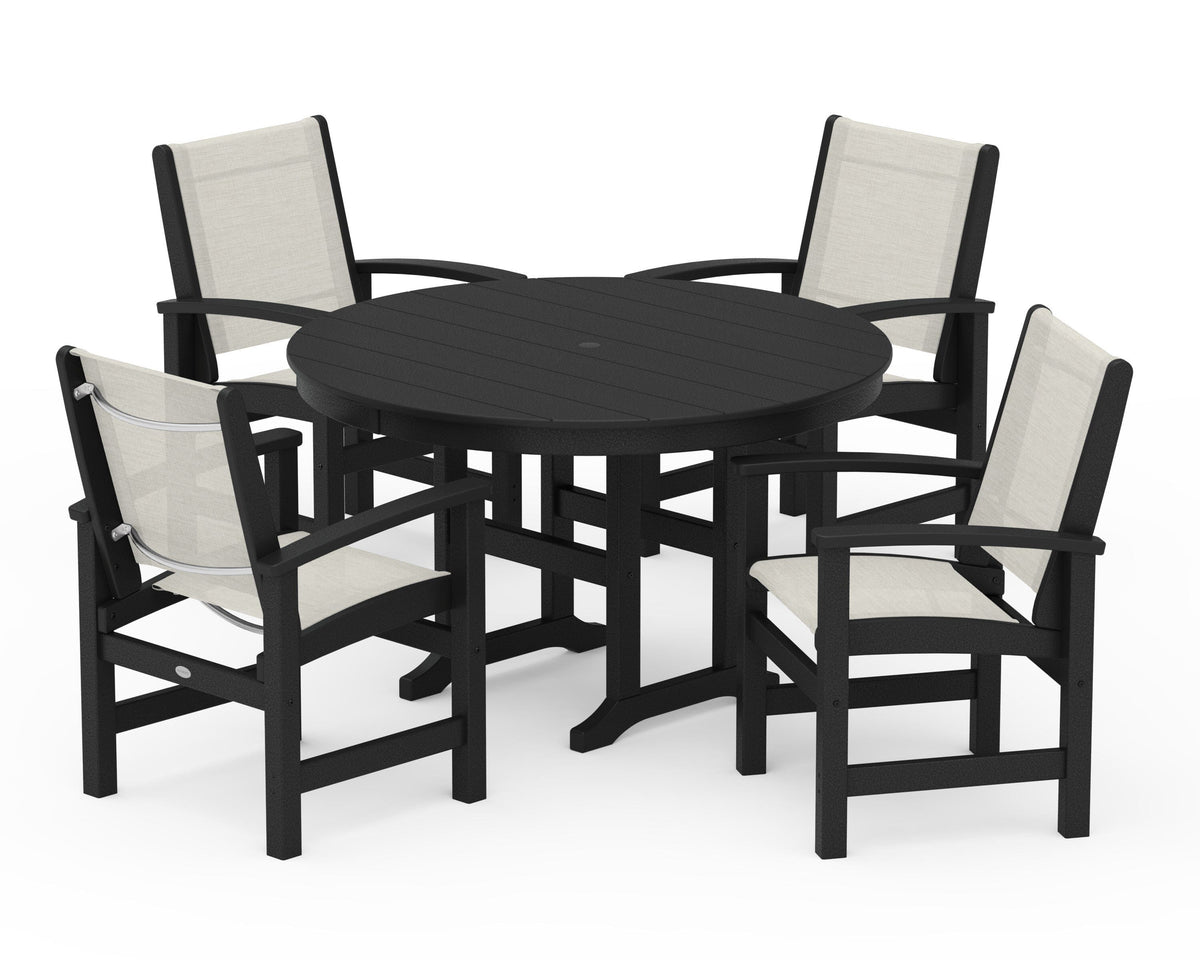 POLYWOOD Coastal 5-Piece Round Farmhouse Dining Set in Black / Parchment