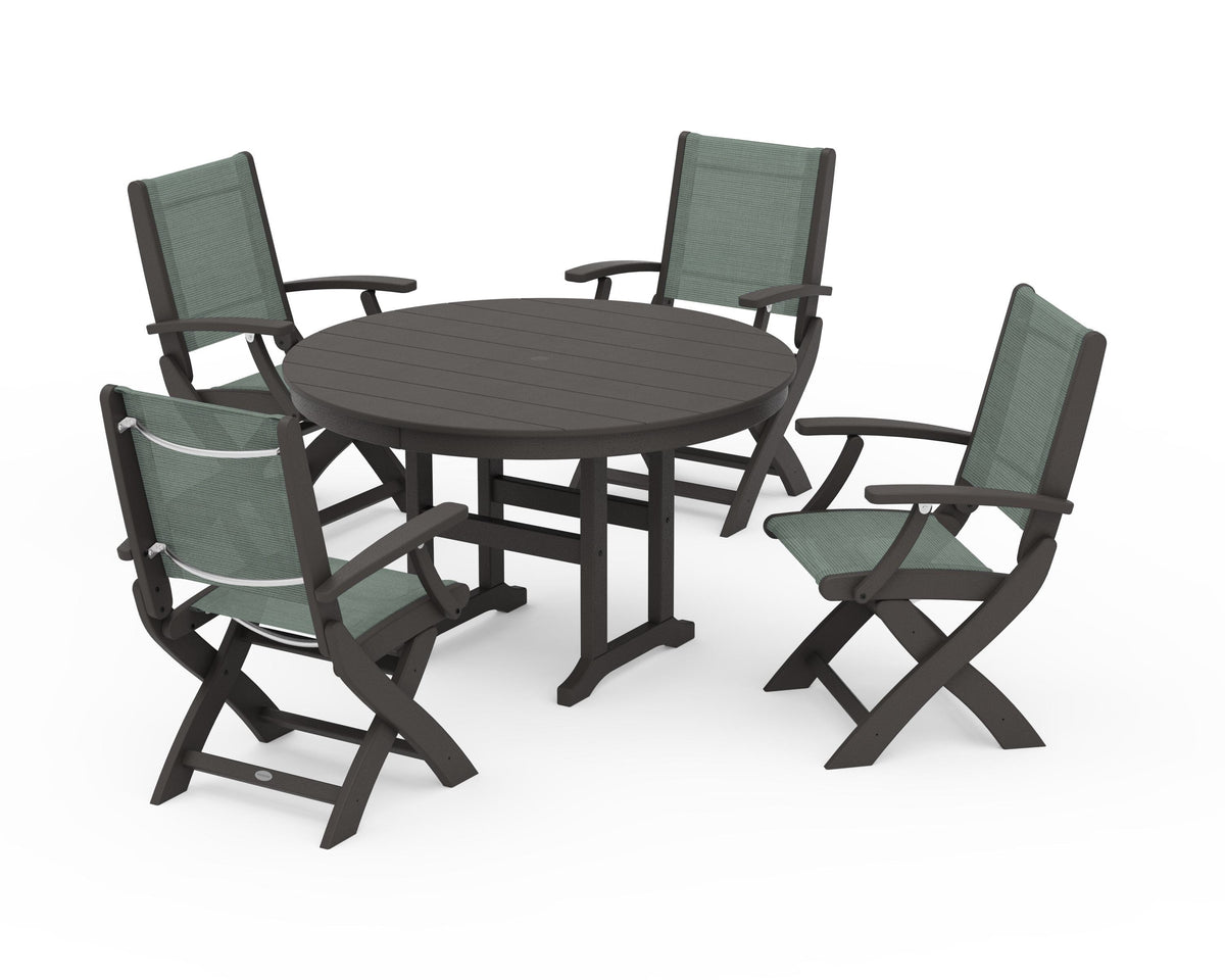 POLYWOOD Coastal Folding Chair 5-Piece Round Dining Set in Vintage Coffee / Dupioni Sea Mist