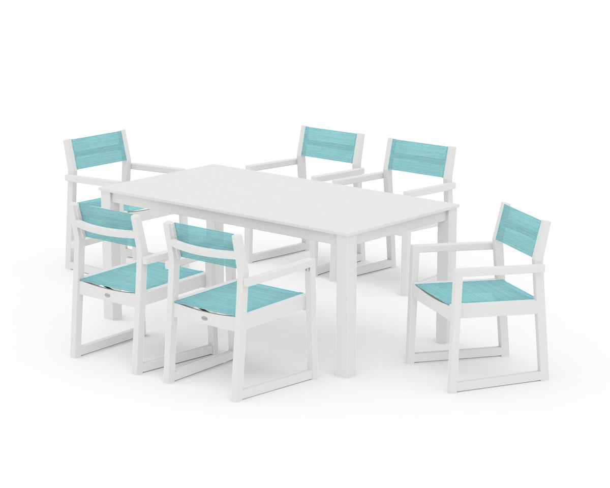 POLYWOOD EDGE Sling Arm Chair 7-Piece Parsons Dining Set in White / Dupioni Aquamarine