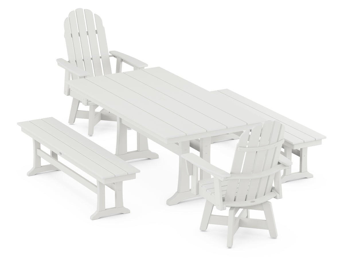 POLYWOOD Vineyard Curveback Adirondack Swivel Chair 5-Piece Farmhouse Dining Set with Trestle Legs and Benches in Vintage White