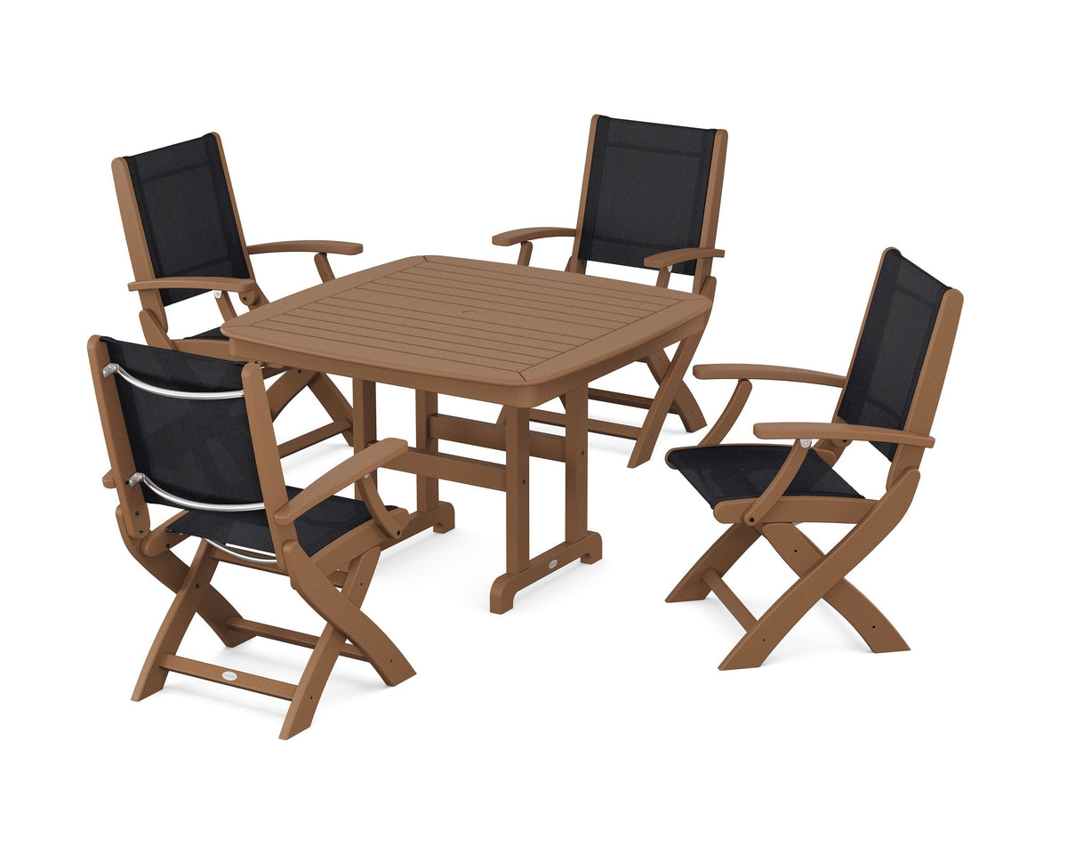 POLYWOOD Coastal Folding Chair 5-Piece Dining Set with Nautical 44" Dining Table in Teak / Black