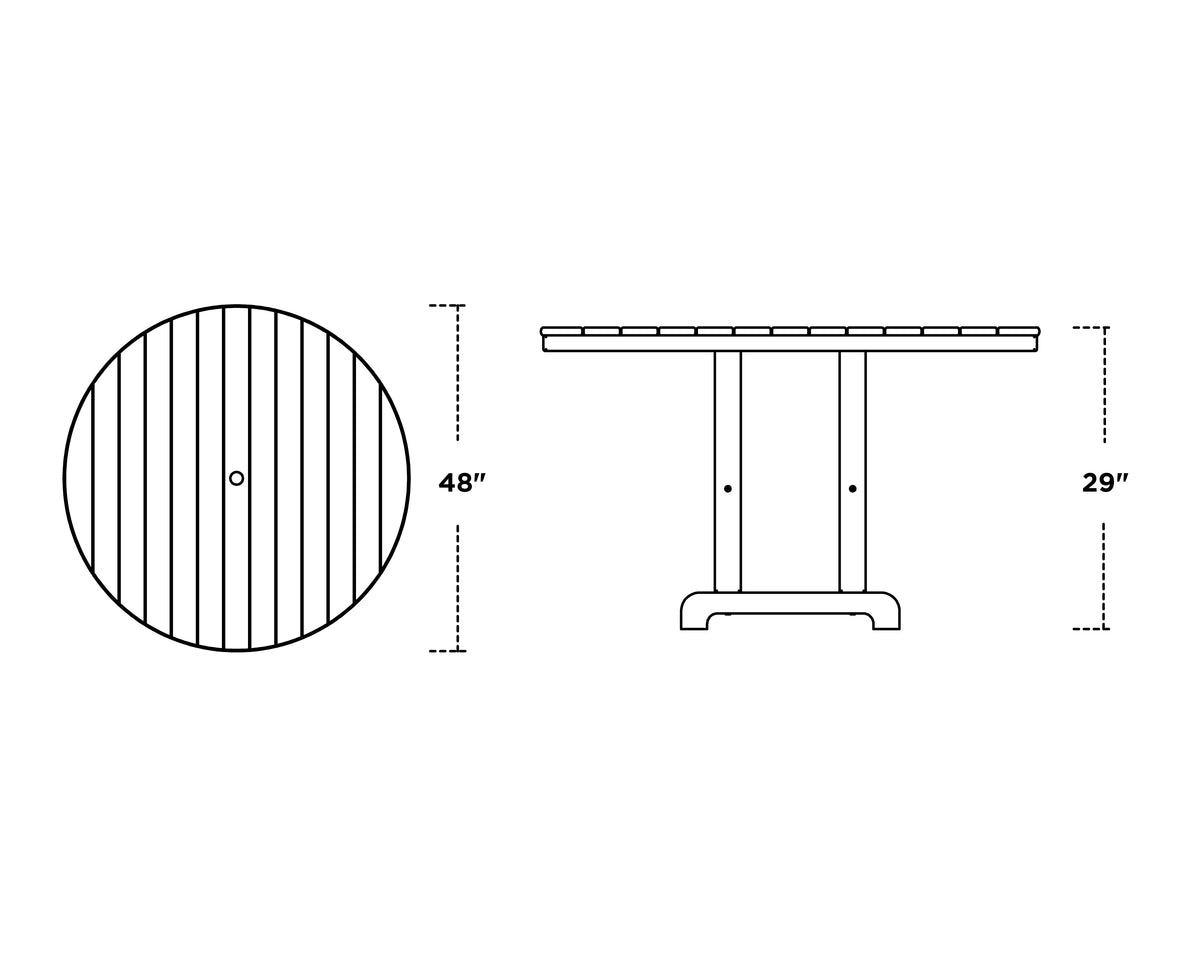 POLYWOOD 48" Round Farmhouse Dining Table dimension drawing with width, depth and height measurements