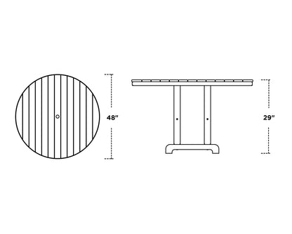 POLYWOOD 48" Round Farmhouse Dining Table dimension drawing with width, depth and height measurements