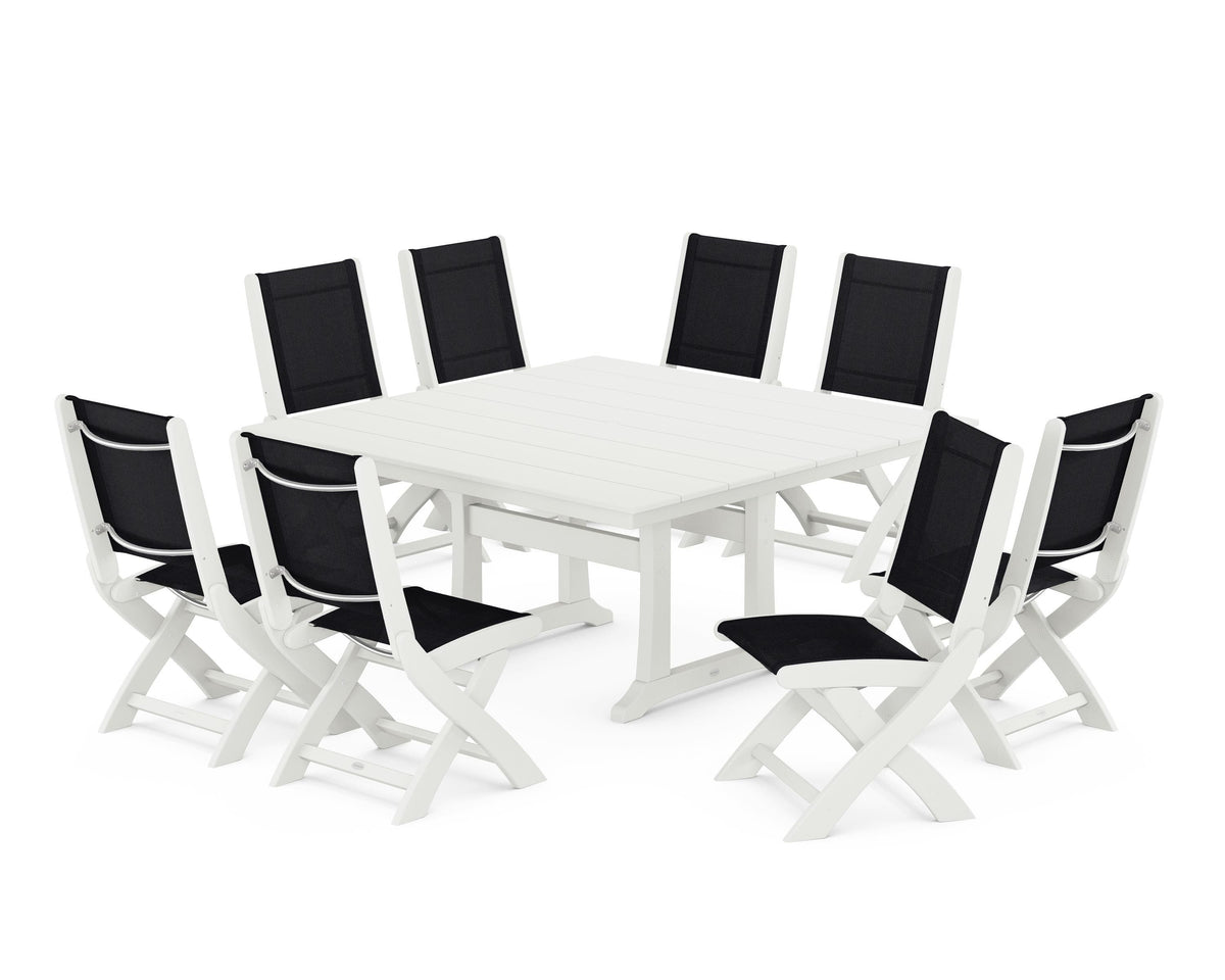 POLYWOOD Coastal Folding Side Chair 9-Piece Farmhouse Dining Set in Vintage White / Black