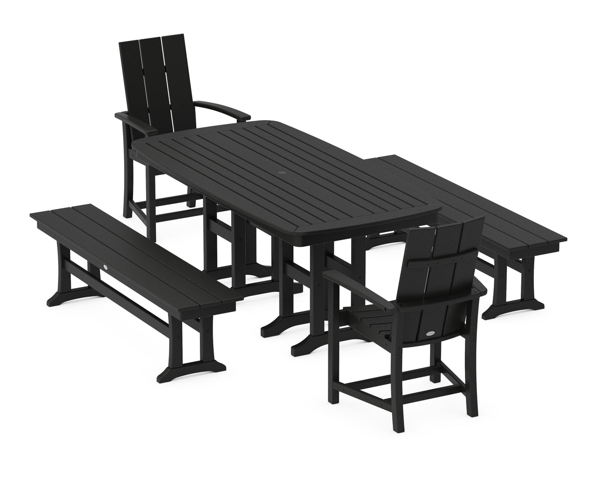 POLYWOOD Modern Adirondack 5-Piece Nautical Dining Set with Benches in Black
