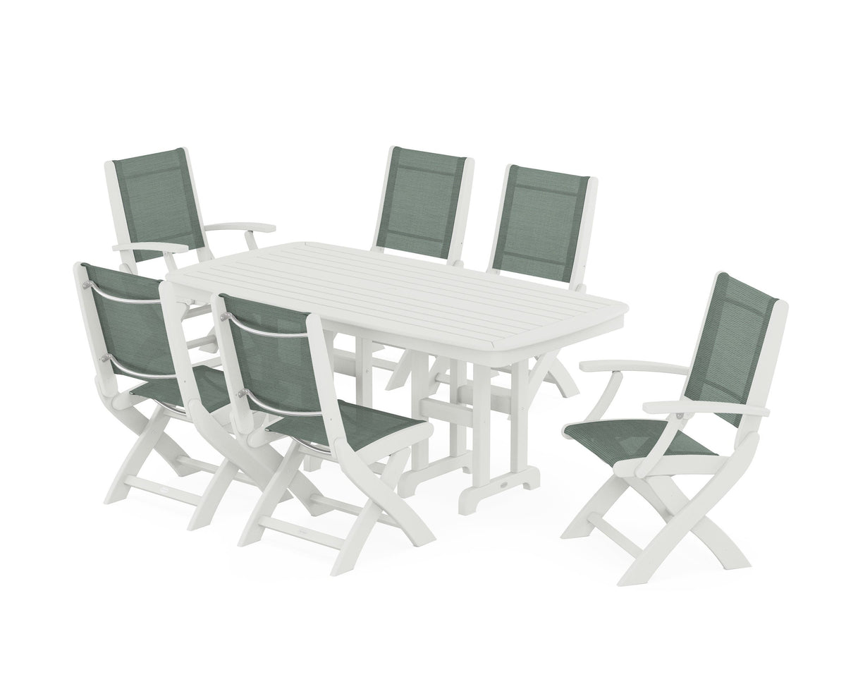 POLYWOOD Coastal Folding Chair 7-Piece Dining Set in Vintage White / Dupioni Sea Mist