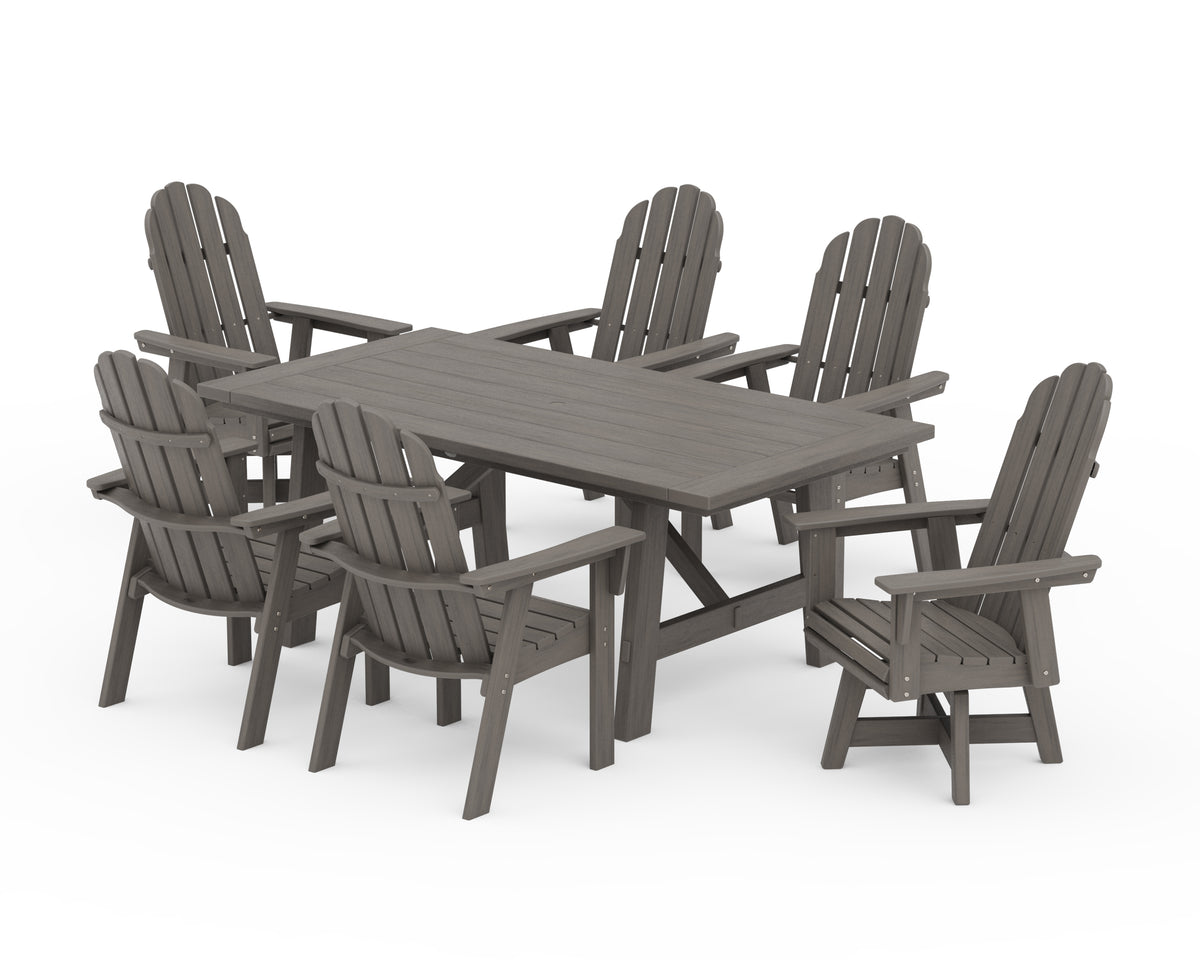 POLYWOOD Vineyard Curveback Adirondack Swivel Chair 7-Piece Rustic Farmhouse Dining Set in Driftwood