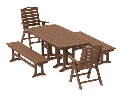 POLYWOOD Nautical Highback 5-Piece Dining Set with Benches in Teak