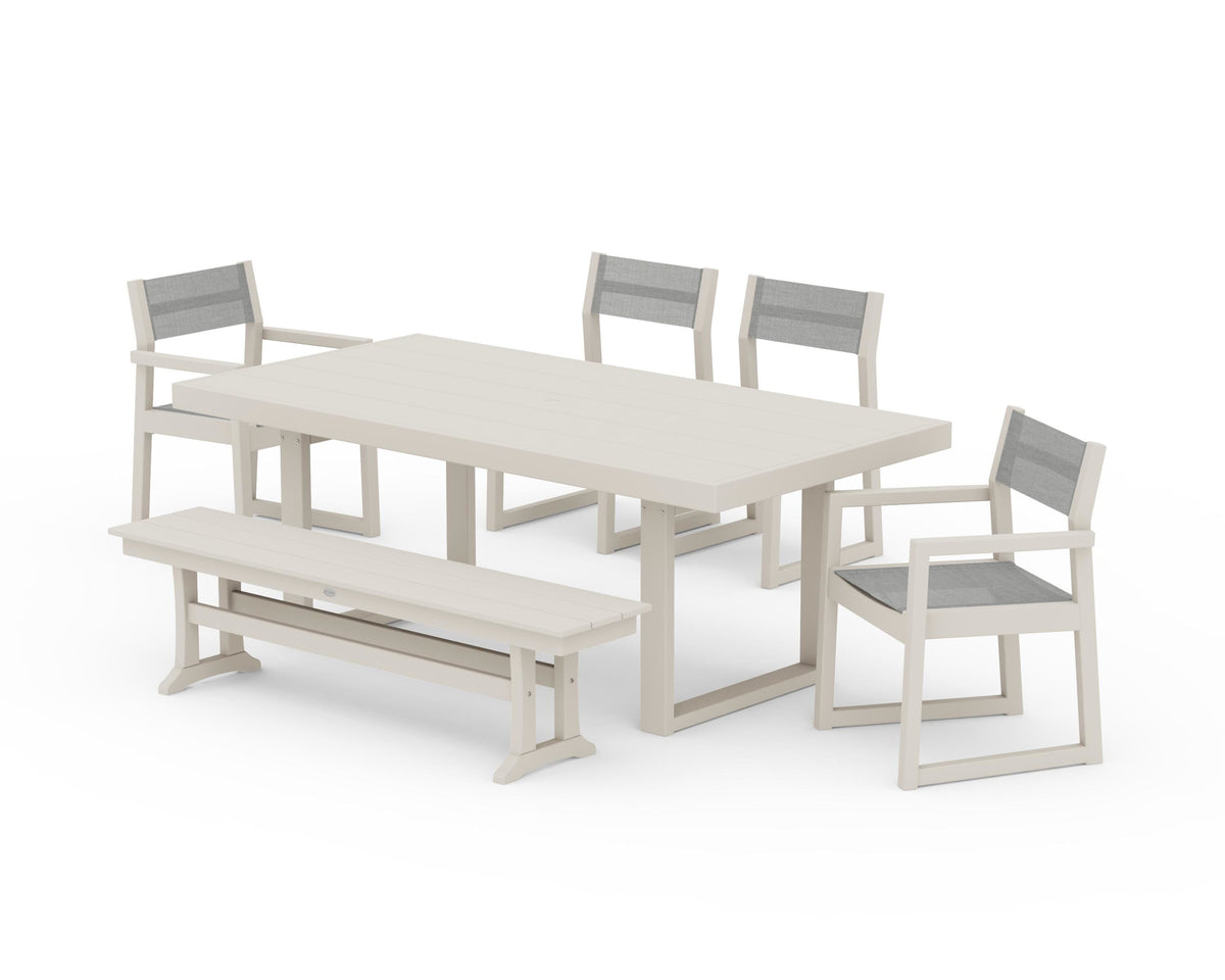 POLYWOOD EDGE Sling 6-Piece Dining Set with Bench in Sand / Metallic