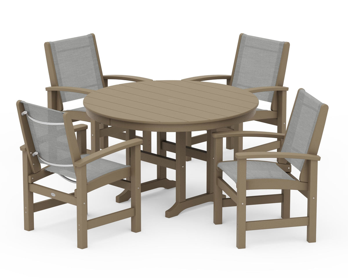 POLYWOOD Coastal 5-Piece Round Farmhouse Dining Set in Vintage Sahara / Metallic
