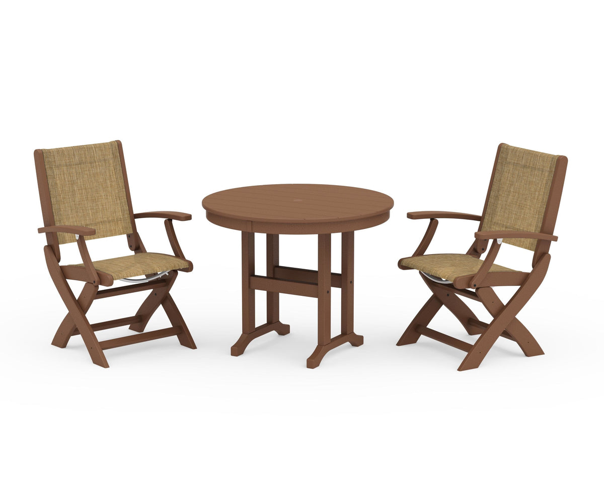POLYWOOD Coastal Folding Chair 3-Piece Round Dining Set in Teak / Burlap
