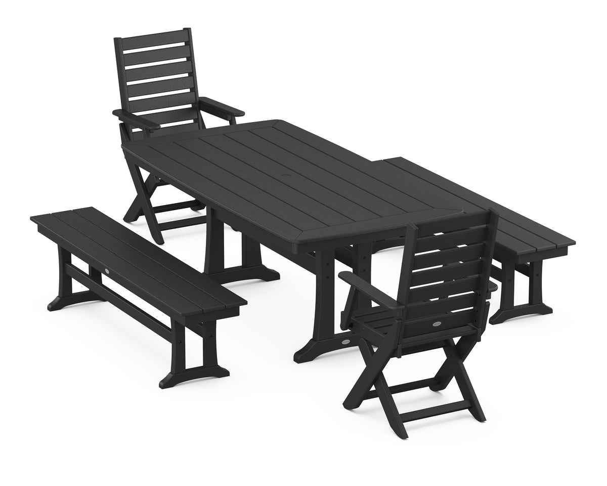 POLYWOOD Captain Folding Chair 5-Piece Dining Set with Trestle Legs - 38" x 73" Table in Black