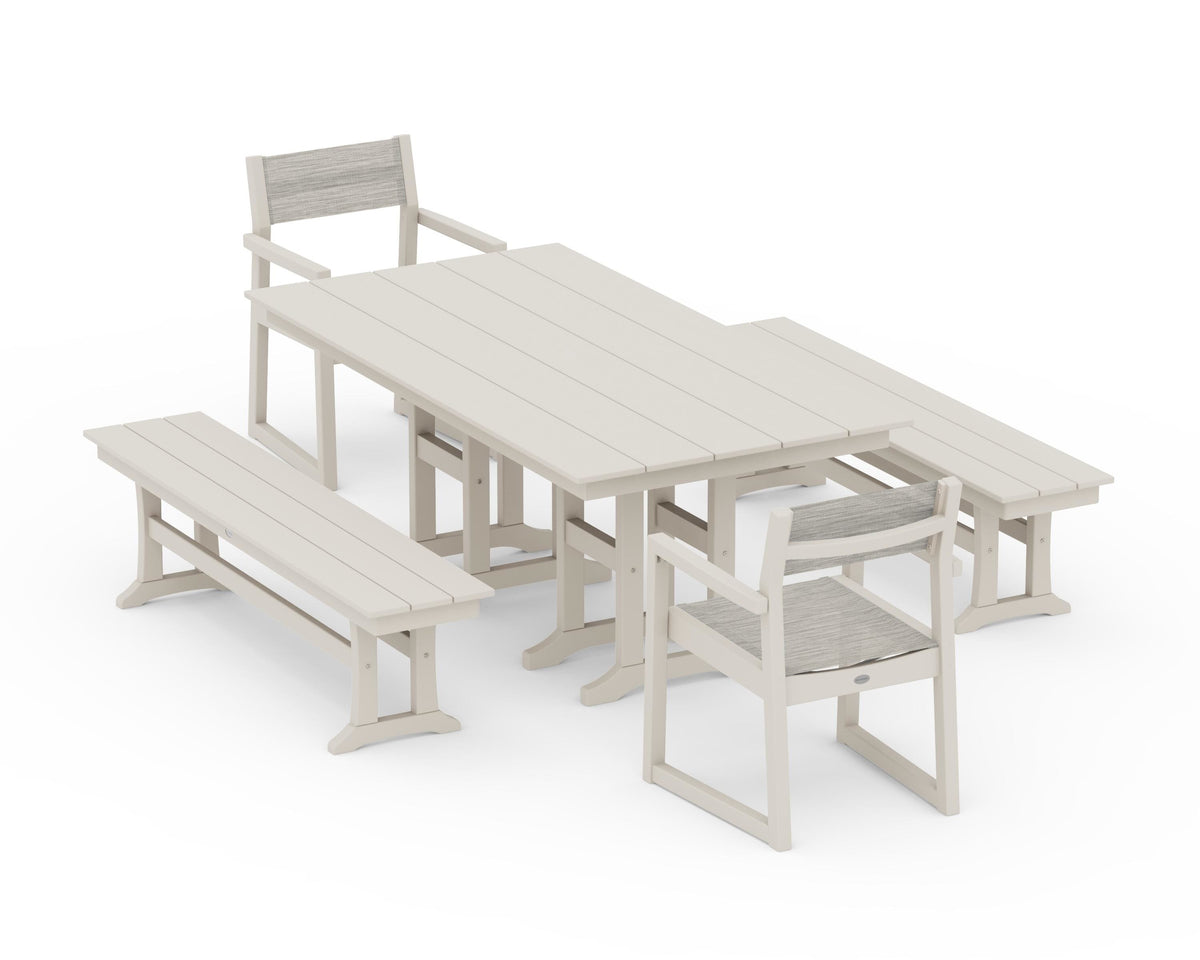 POLYWOOD EDGE Sling Arm Chair 5-Piece Farmhouse Dining Set with Benches in Sand / Birch